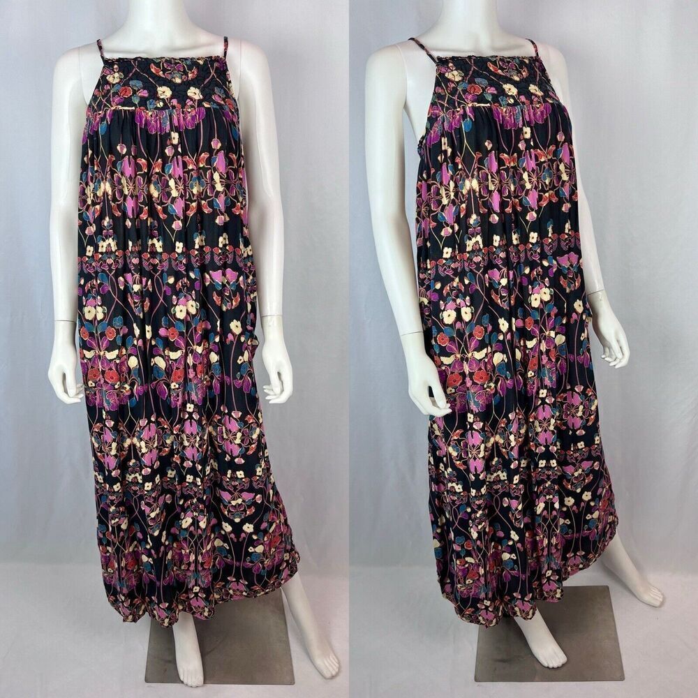 Anthropologie Small Floral Print Pink Black Sleeveless Maxi Shift Sun Dress